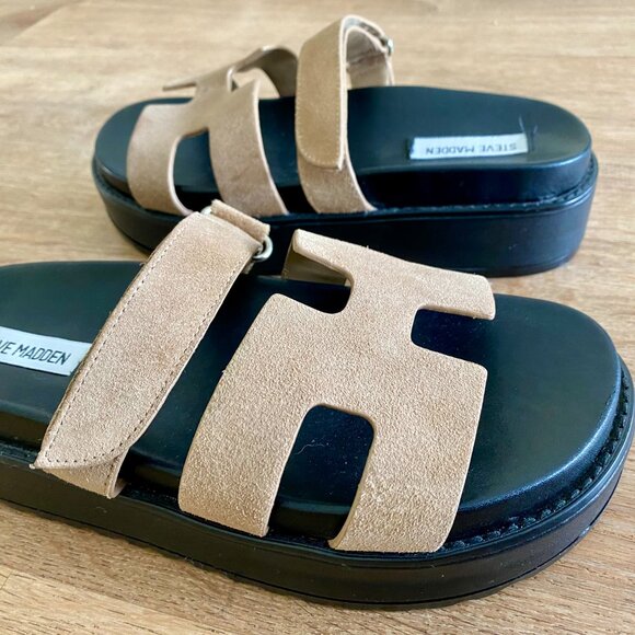 Steve Madden Bigmayven Flatform Slide Sandals in Tan Nubuck - 8M - Picture 4 of 14